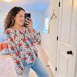 Veronica Beard Silk Floral Pink Red Blue Long Sleeve Blouse Top 8